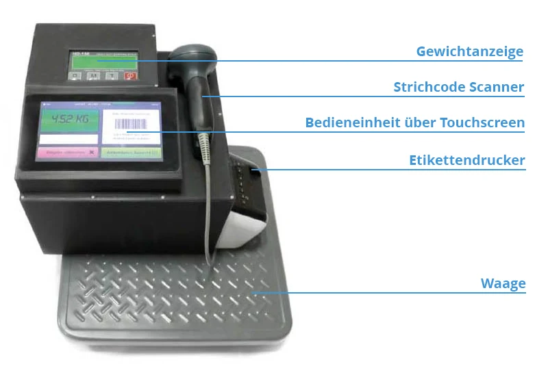 Sistema di pesatura dxCost con touchscreen, scanner di codici a barre, stampante di etichette e bilancia